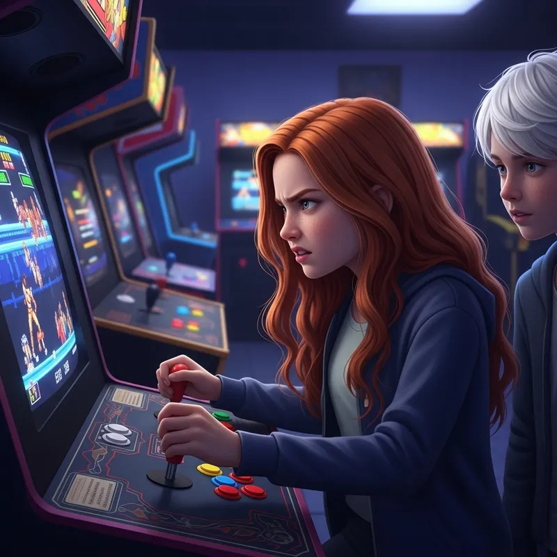 Concentrated Redhead Girl Playing Arcade Games as White-Haired Boy Watches