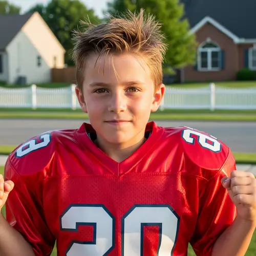 Excited Young Boy in Red Latex Football Jersey