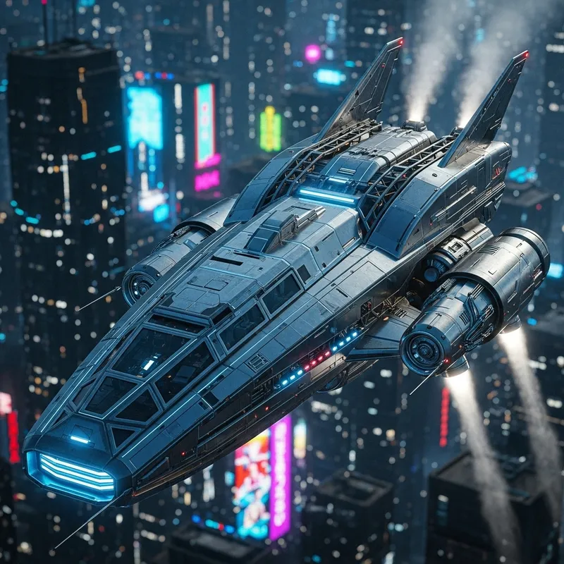 Futuristic Cyberpunk Spacecraft in Neon Cityscape