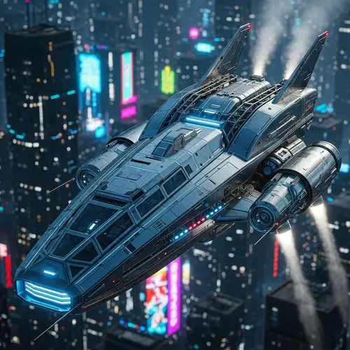 Futuristic Cyberpunk Spaceship in Neon Cityscape