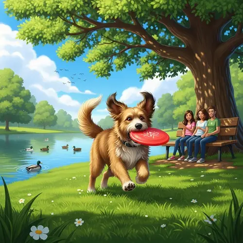 Playful Medium-Sized Dog Chasing Red Frisbee in Sunny Park