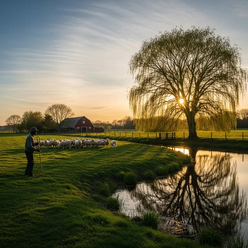 Beautiful Sunset Scene with Weeping Willow Tree in Rural Setting Beautiful Sunset Scene with Weeping Willow Tree in Rural Setting