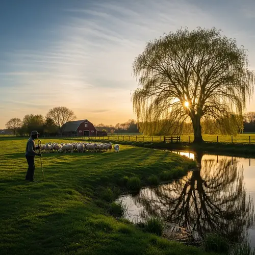 Unique Sunset Behind Weeping Willow Tree in Rural Landscape