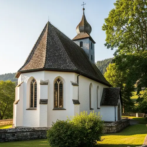 Tranquil White Church with Steep Roof | Scenic Environment