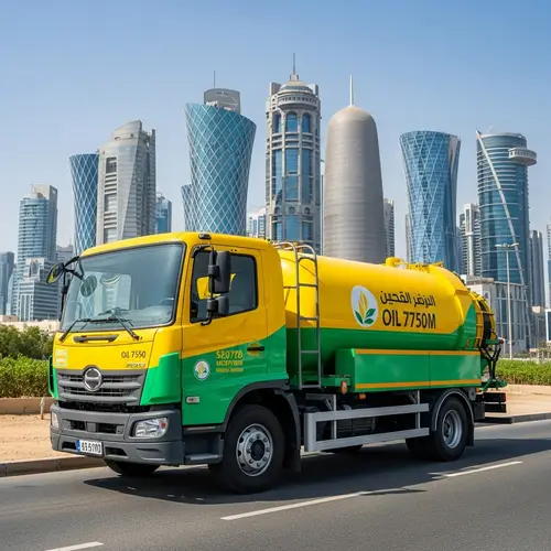 Modern Commercial Truck Collecting Used Cooking Oil in Vibrant Doha Cityscape