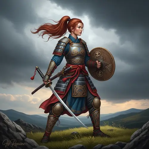 Warrior Girl: Celtic-Japanese Descent - Windswept Hillside Scene