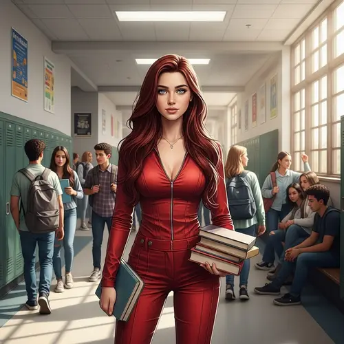 Strong and Confident Female Character in Crimson Hair in School Setting