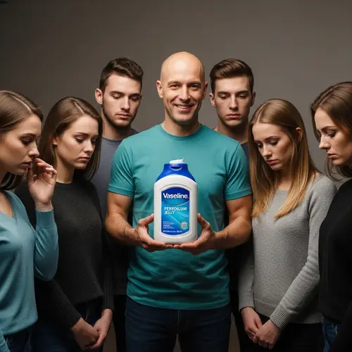 Diverse Group Surrounds Proud Bald Man Holding Vaseline Can