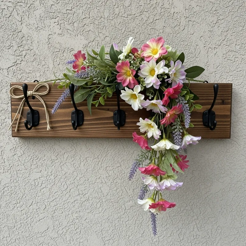 Handcrafted Wooden Coat Rack with Floral Accents | Wall Decor Handcrafted Wooden Coat Rack with Floral Accents | Wall Decor
