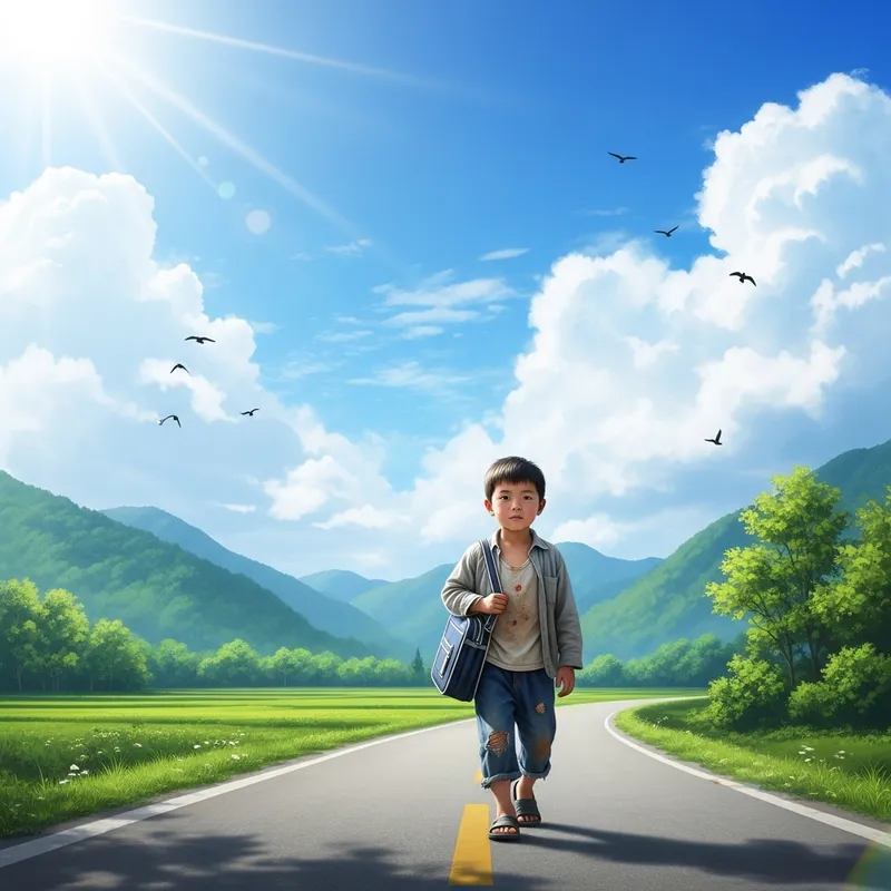 Serene Chinese Boy in Old Clothes with Schoolbag on Country Road
