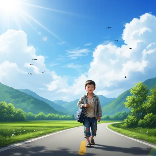 Serene Chinese Boy Walking on Country Road Under Blue Sky