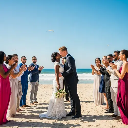 Diverse Wedding Celebration on Sandy Beach | Heartfelt Moment Captured