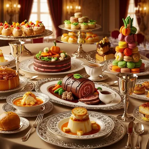 Luxurious Dessert Feast with Chocolate Cake Main Course & Macaron Side Dish