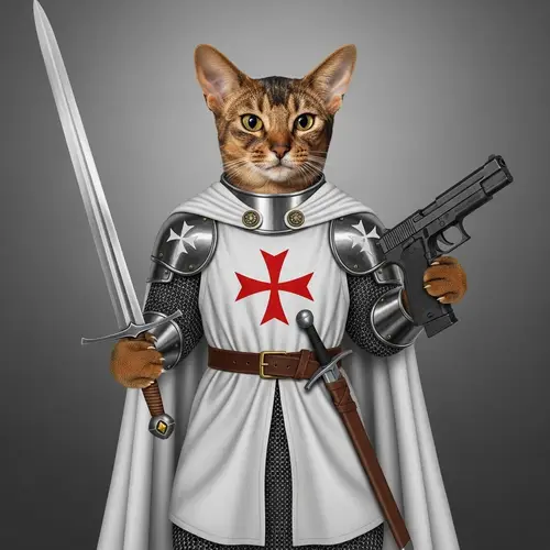 Abyssinian Cat in Chain Armor with Templar Cape