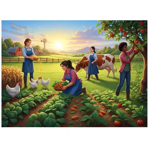 Diverse Women Farming: Corn, Vegetables, Cow, Apples
