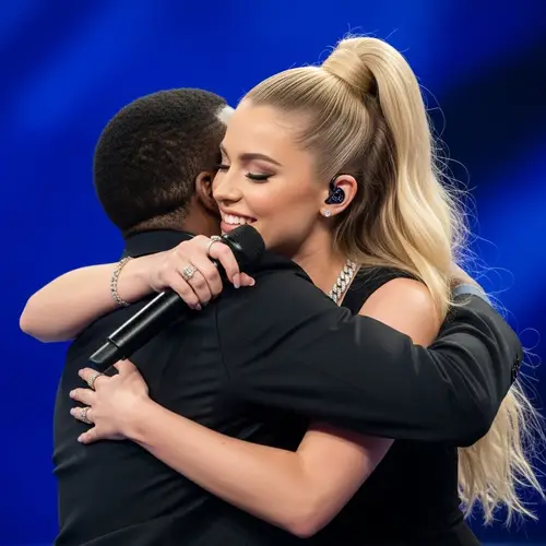 Female Pop Singer Hugging Black Individual with Joy