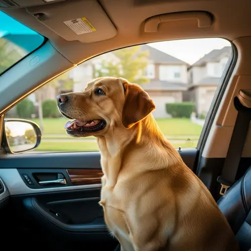 Golden Labrador Retriever Enjoying Car Ride in Suburban Neighborhood