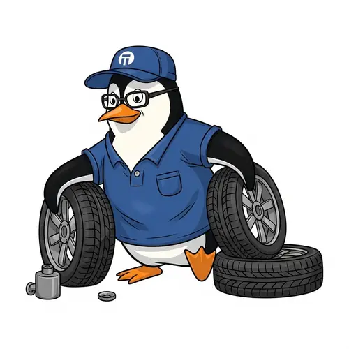 Comical Cartoon Penguin Mechanic - Fun Wheel and Tire Handling