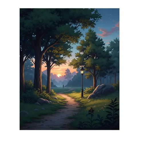 Serene Evening Landscape | Dusk Glow & Tall Trees