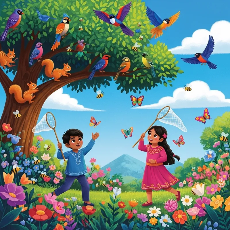 Colorful Children's Garden Illustrations with Squirrels, Bees, Birds, Butterflies