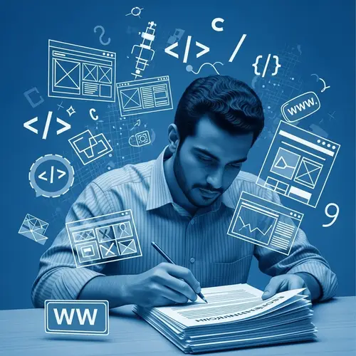 Surrealistic Web Developer Studying English Documentation