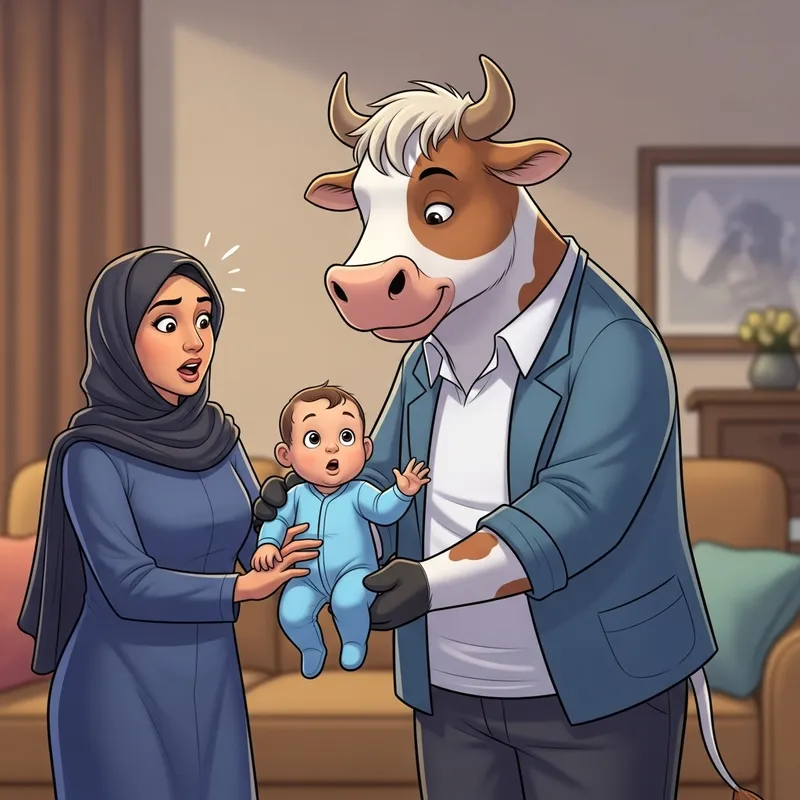 Cow Cartoon Grabs Baby - Unexpected Motherly Scene