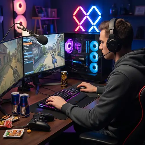 Enthusiastic eSports Gamer in Action | Multi-Monitor Setup