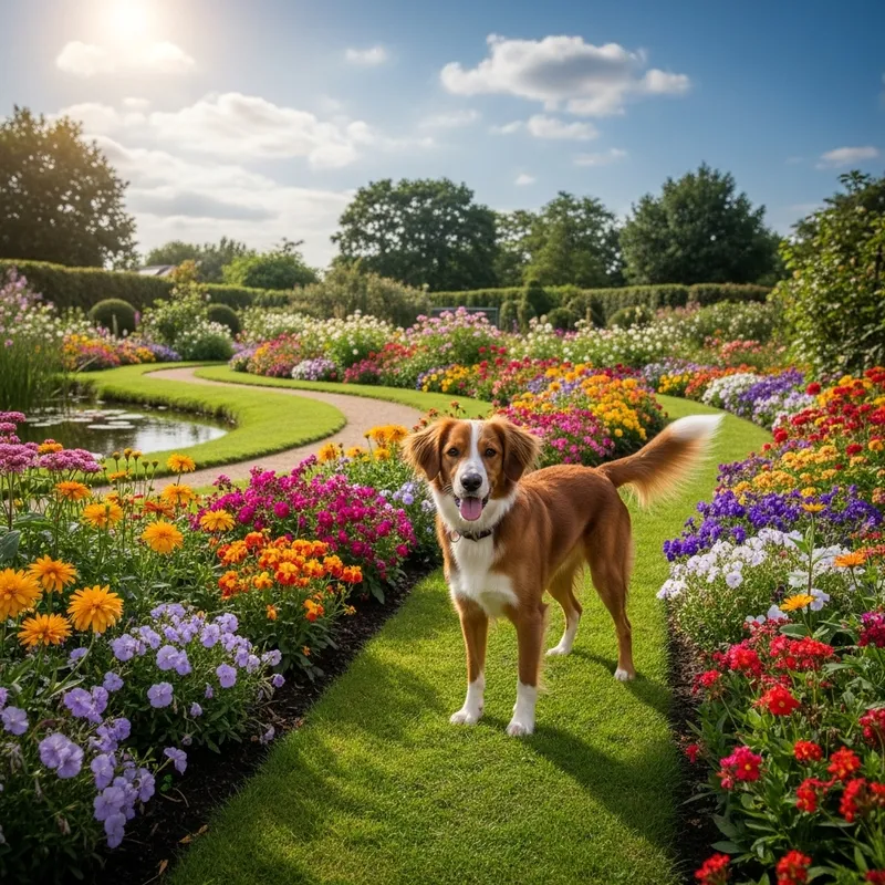Playful Dog in Lush Garden - Serene Setting Playful Dog in Lush Garden - Serene Setting