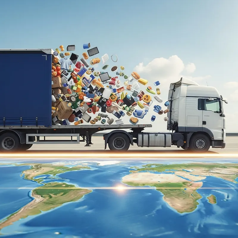 Brands Worldwide: Freight Truck Delivering Diverse Goods Across Equator