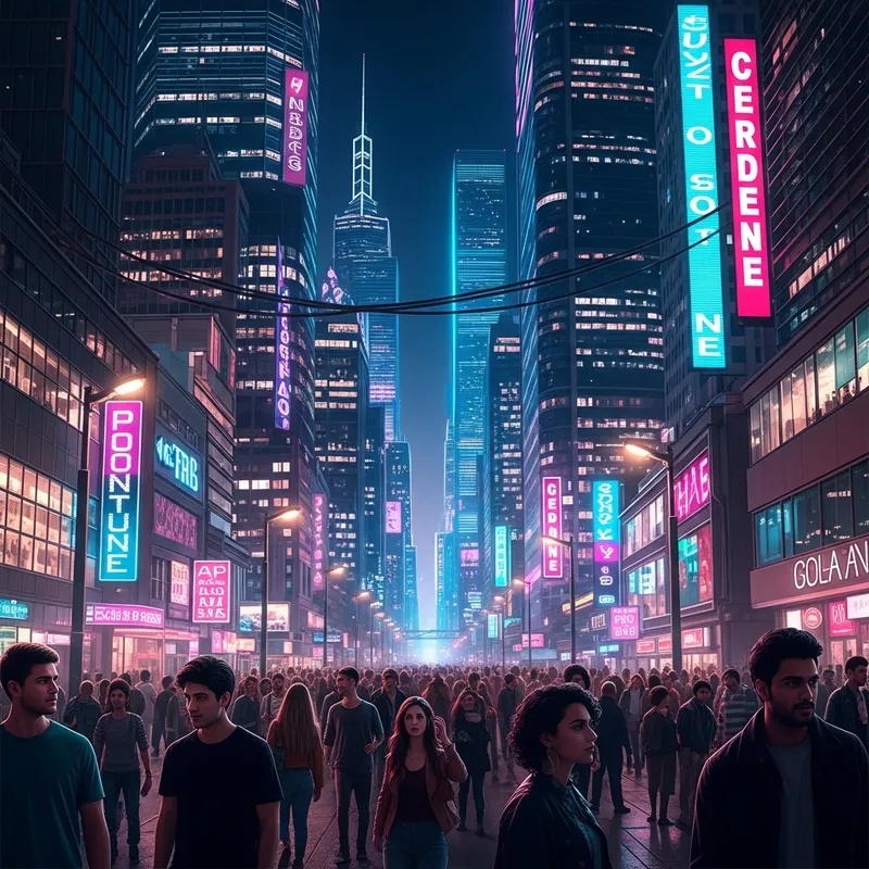 Cyberpunk Cityscape with Neon Lights and Towering Skyscrapers