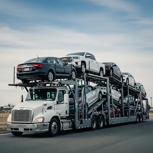 Car Hauler Transporting Sedans, Pickup Trucks, and SUVs Across Country
