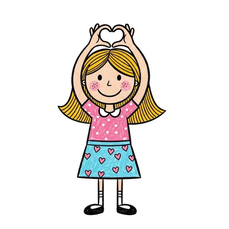 Child's Drawing: Girl Holding Heart with Thick Crayon