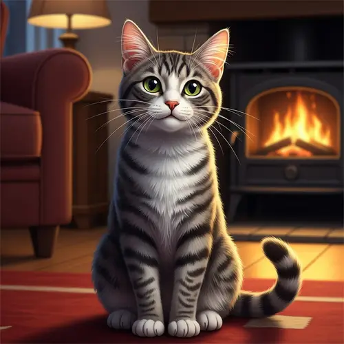 Curious Domestic Cat in Cozy Setting - Grey, White, Black Stripes