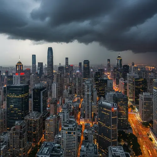 Resilient Cityscape: Vivid Lights Amidst Storm | City View