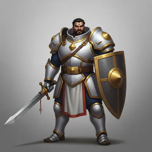 Strong South Asian Man in White Armor with Sword and Shield