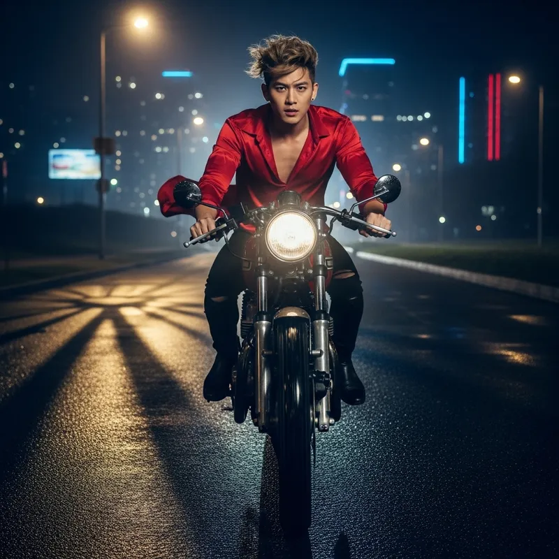 Kim Taehyung BTS Blonde Asian Male Pop Singer on Motorcycle at Night