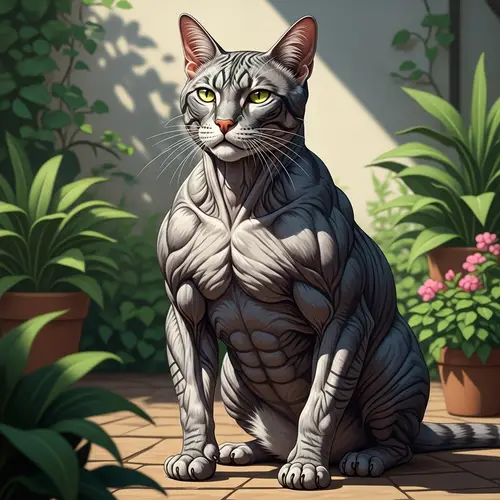 Muscular Cat in Serene Garden - Strong & Agile Feline