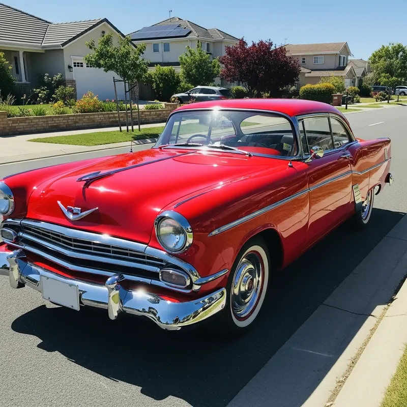 Classic Red Car on Suburban Street Classic Red Car on Suburban Street