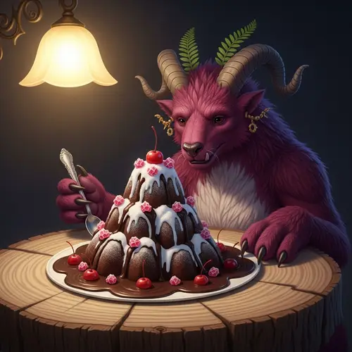 Feasting Monster Indulging in a Mountain of Chocolate Delight