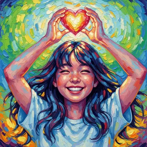 Vibrant Asian Girl Holding Heart - Impressionistic Art