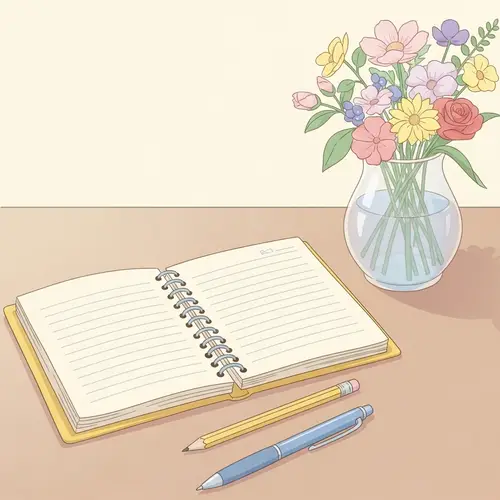 Soothing Table Scene with Spiral-Bound Journal and Flowers