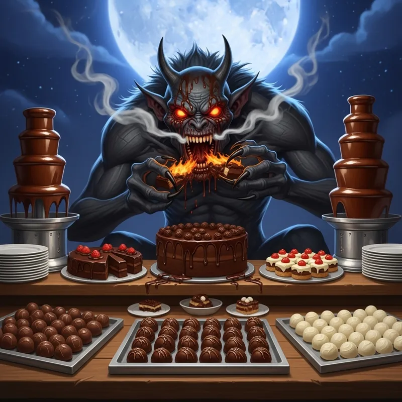 Nightmarish Creature Devouring Chocolaty Feast - Enchanting Scene