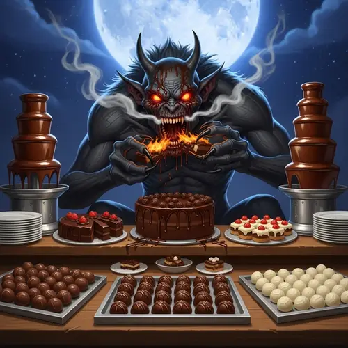 Terrifying Mythical Creature Feasting on Chocolate - Enchanting Night Scene