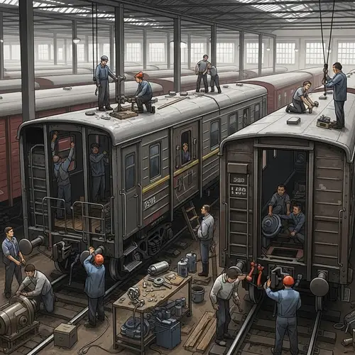 Almaty Depot: Diverse Workers Repairing Old-Fashioned Railway Wagons
