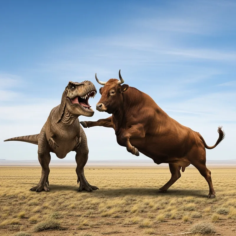 Cow Battle: Surreal Clash with T-Rex