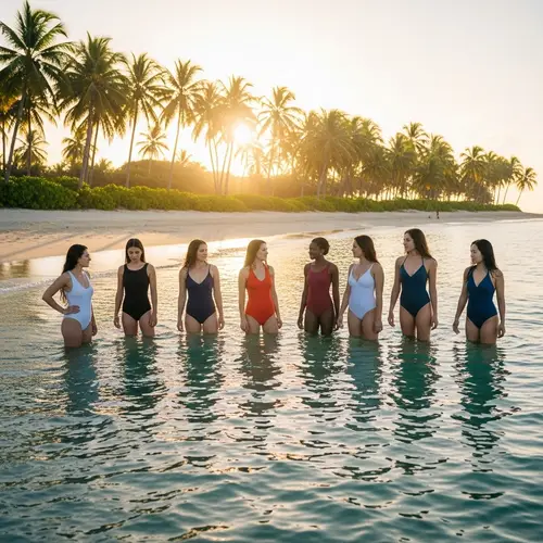 Exquisite Realism: Diverse Women in Crystal Clear Water on a Palm Beach