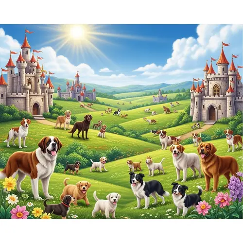 Enchanting Realm where Dogs Rule | Majestic Castles & Playful Puppies