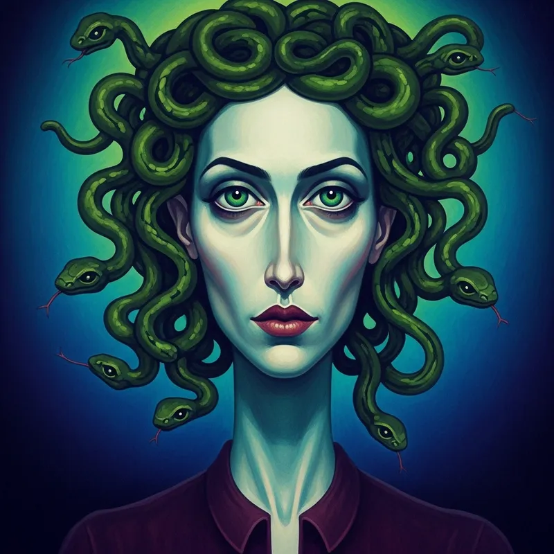 Captivating Portrait of Medusa: Surrealism in Deep Blues and Vivid Greens