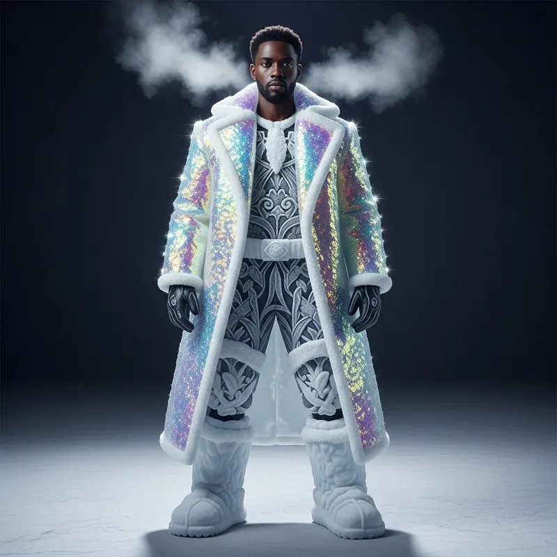 Ice Apparel: Stylish African Man in Frosty Outfit & Snow Shoes
