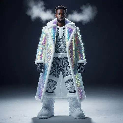 Ice Clothing: African Man in Iridescent Outfit & Snow Shoes